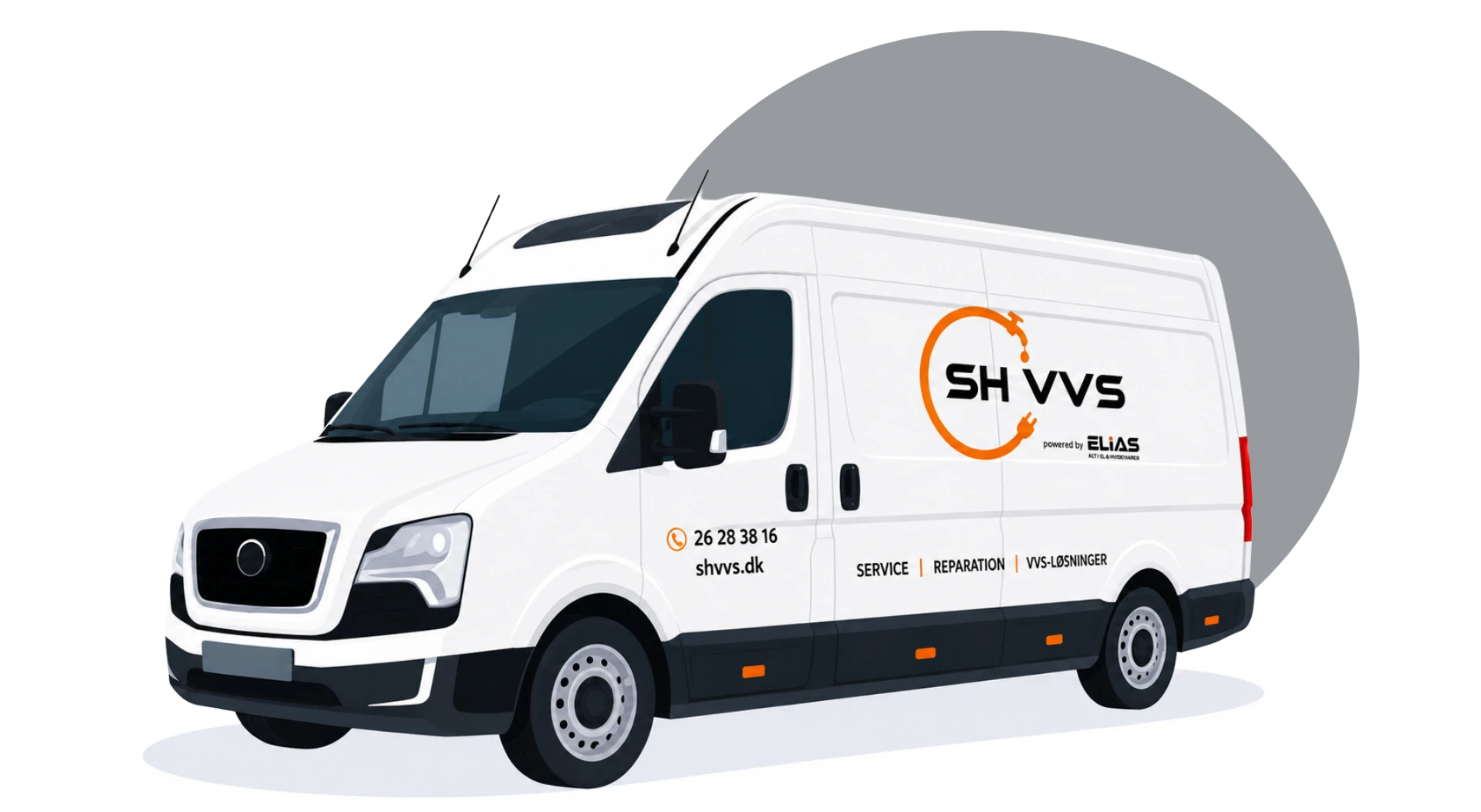 Hvid VVS servicevogn med SH VVS logo, klar til installation og reparationer.